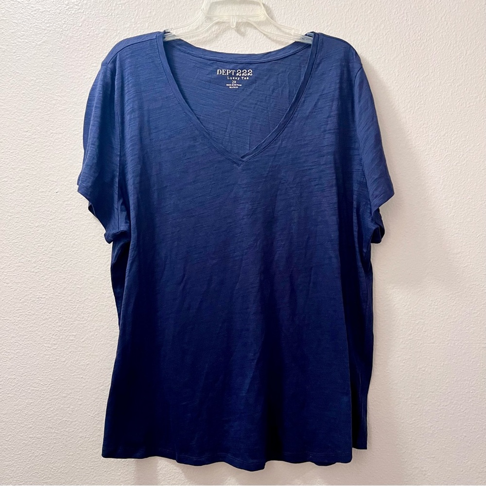 Dept 222 Women’s Luxey Tee Short Sleeve V-Neck Semi Sheer Navy Blue Plus Size 2X